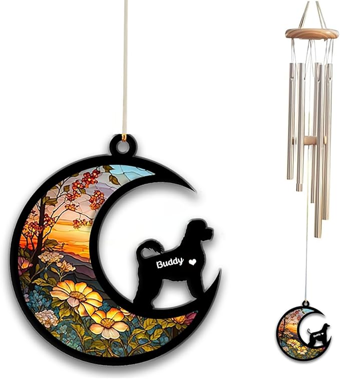 Portuguese Water Dog Sun Catcher Wind Chime, Custom Sunflower Suncatcher Dog Memorial Wind Chime, Dog Loss Gift, Dog Sympathy Gift, Pet Loss Suncatcher, Outdoor Garden Decor