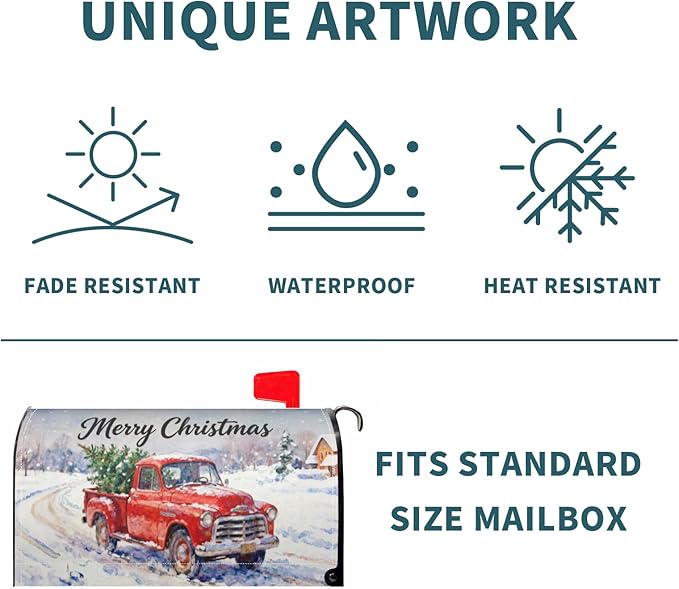 Christmas Red Truck Large Mailbox Covers Magnetic Oversized Rustic Snow Scene Xmas Tree Merry Holiday Outdoor Decorative Farmhouse Letter Box Cases for Home Garden Outside Decor, 25.5x21 Inch