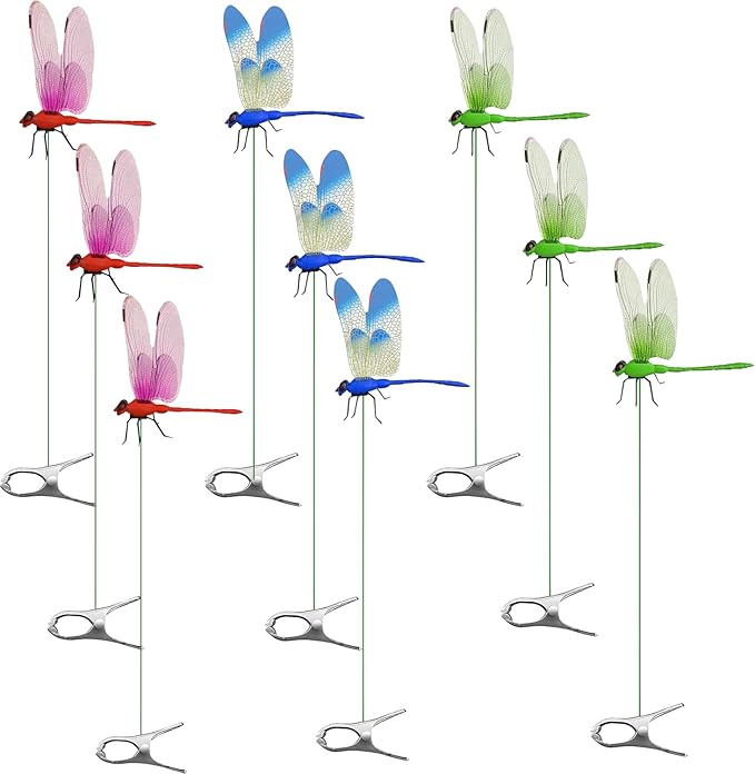 9 Pack Colorfu Dragonfly Clip,3D Simulation,Humming Bird Stakes Fake, Plastics Dragonfly for Garden Stakes Decor Yard Ornaments with Clip for Hat,Deer and Horse,Fly Scare Devices for Indoor Outdoor