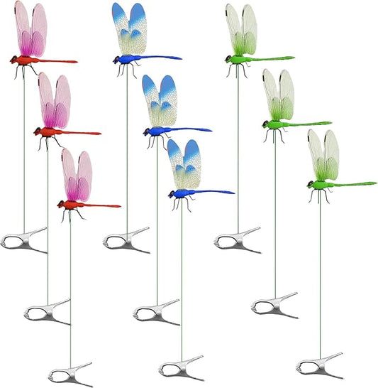 9 Pack Colorfu Dragonfly Clip,3D Simulation,Humming Bird Stakes Fake, Plastics Dragonfly for Garden Stakes Decor Yard Ornaments with Clip for Hat,Deer and Horse,Fly Scare Devices for Indoor Outdoor