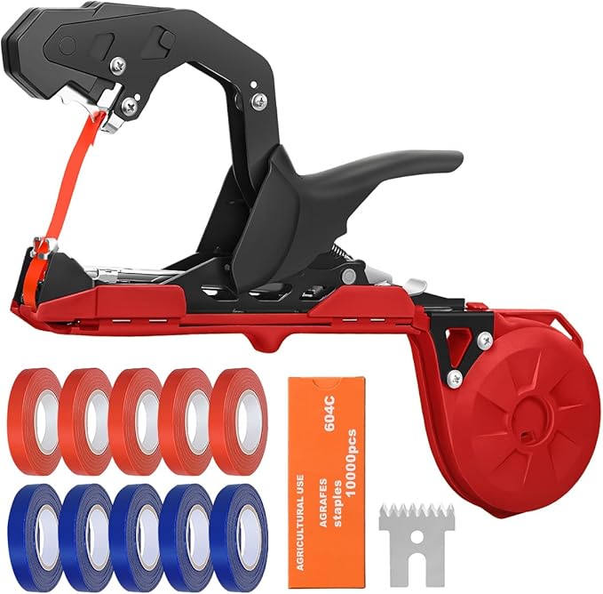Professional Plant Tying Machine to Bind Tomatoes and Grapes Effortless Garden Tape Tool for Gardeners Farmers, Including Spare SK5 Blade, Garden Tapes and Staples, Red/Black