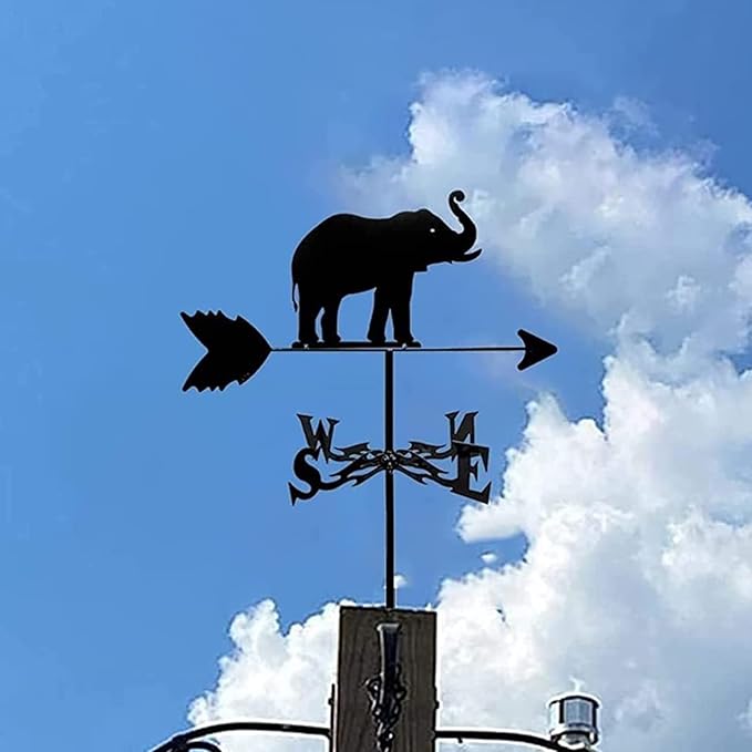 Vintage Metal Weather Vane Elephant Animal Shape Design Weathervane Wind Direction Indicator Metal Bracket for Garden Yard Roof