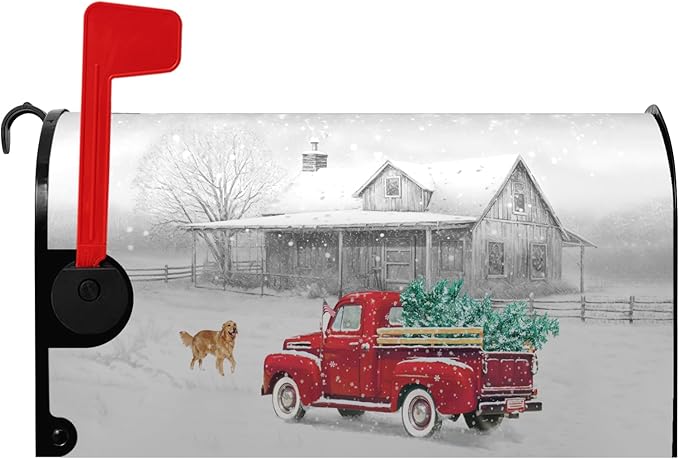 Winter Mailbox Cover Red Truck Snowflake Mailbox Wrap with Magnetic Strip Christmas Dog Snowy Letter Post Box Cover Decoration Welcome Home Outdoor Standard Size 21" Lx 18" W