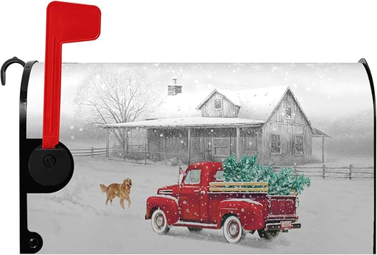 Winter Mailbox Cover Red Truck Snowflake Mailbox Wrap with Magnetic Strip Christmas Dog Snowy Letter Post Box Cover Decoration Welcome Home Outdoor Standard Size 21" Lx 18" W