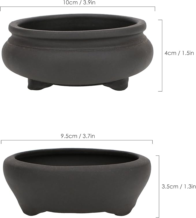 Bonsai Planter 2 pc 3.7" + 3.9" Unglazed Round Ceramic Succulent Pots Set