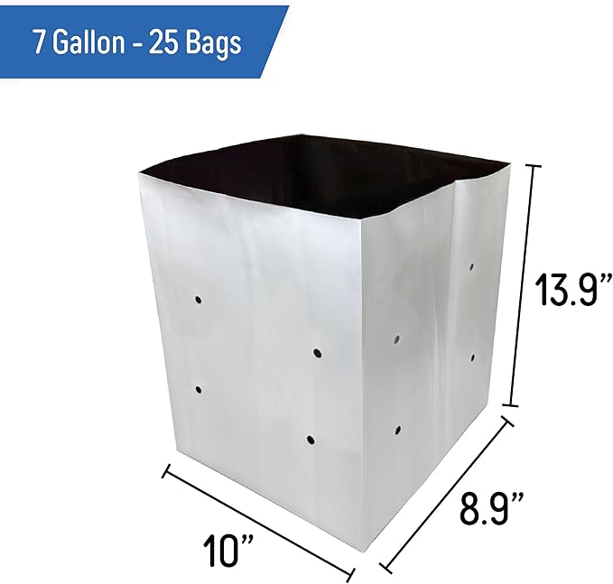 A.A 7 Gallon Grow Bags Black and White Poly Nursery Bags for Plants, Tree Grow, Greenhouse (25 Pack)