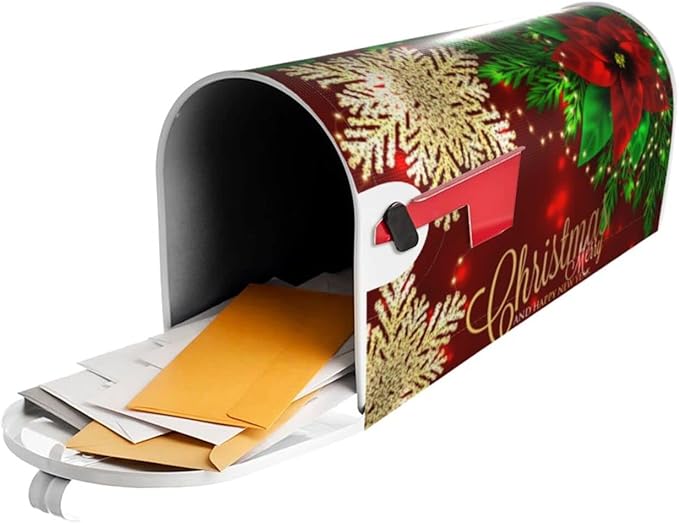 Christmas Mailbox Covers Poinsettia Gold Snowflake Xmas Magnetic Letter Post Box Cover Standard Size 25.5 x 21 Inch Garden Yard Home New Year Holiday Decorative