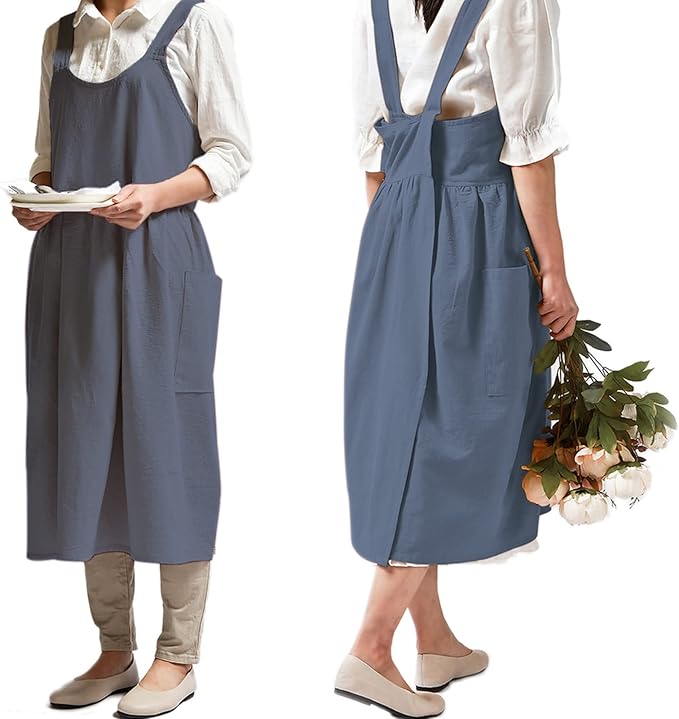 NEWGEM Cotton Linen Cross Back Apron for Women with Pockets Cute Japanese Korean Style Pinafore Dress Blue Grey