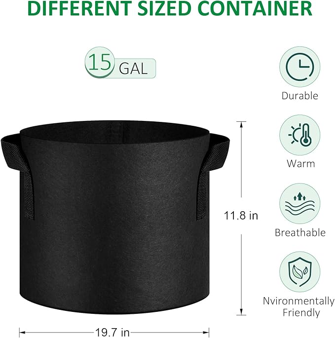 12-Pack 15 Gallon Thickened Non-Woven Grow Bags, Aeration Fabric Pots with Handles（Black）