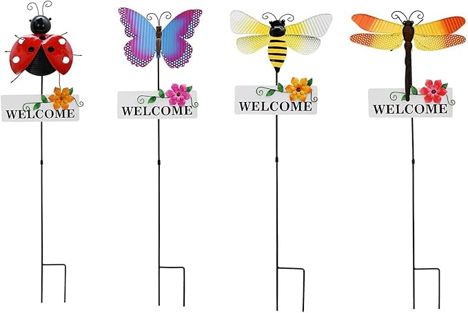 Veclotch Metal Insects Garden Stake,Decorative Yard Stakes Metal Yard Art Ornaments Welcome Sign Outdoor Spring Garden Decor Patio Lawn Porch Pathway Decor (Butterfly Ladybug bee Dragonfly)