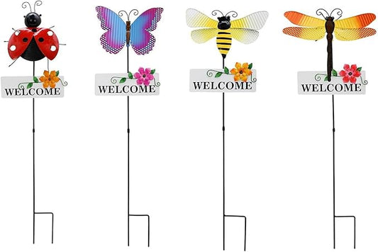 Veclotch Metal Insects Garden Stake,Decorative Yard Stakes Metal Yard Art Ornaments Welcome Sign Outdoor Spring Garden Decor Patio Lawn Porch Pathway Decor (Butterfly Ladybug bee Dragonfly)