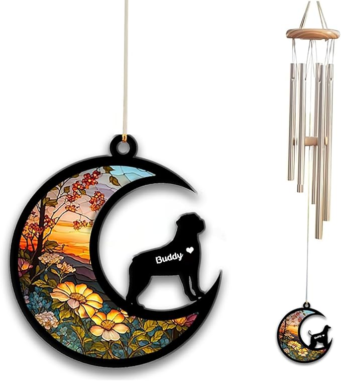 Rottweiler Sun Catcher Wind Chime, Custom Sunflower Suncatcher Dog Memorial Wind Chime, Dog Loss Gift, Dog Sympathy Gift, Pet Loss Suncatcher, Outdoor Garden Decor