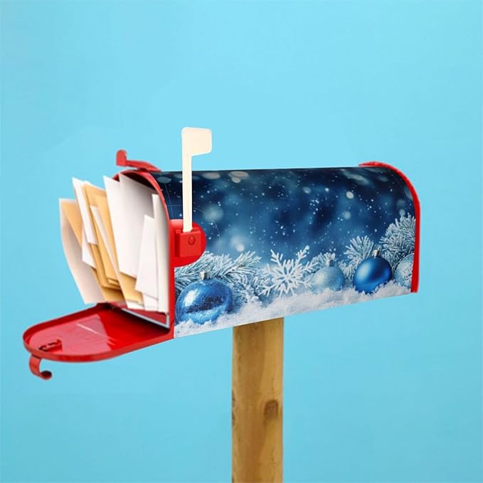 Festive Magnetic Mailbox Cover Blue Ball Snowflake Outdoor Mailbox Protector Holiday Seasonal Decorative Garden Yard Home Large Size 25.5 x 21 Inch