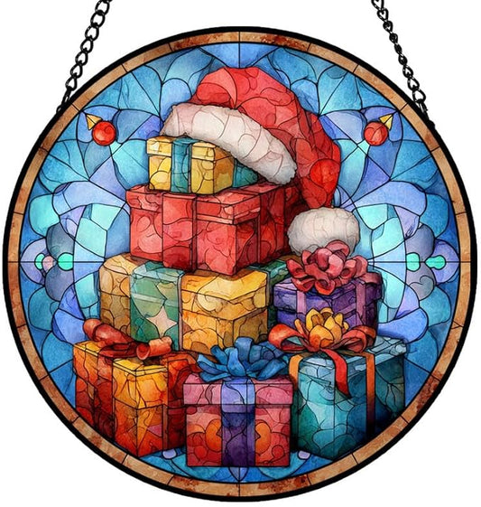Stained Glass Window Hanging – 6.3 in Gifts with Santa Hat Panel with Chain， Bathroom Front Door Living Room Garden Decor， Gift for Mom Wife Lovers