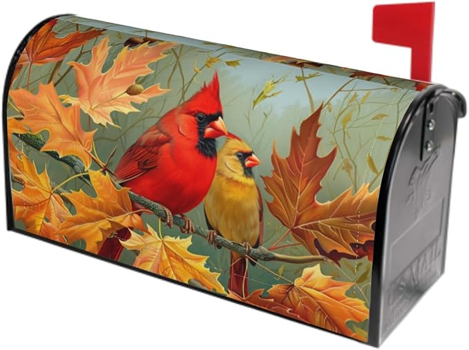Fall Birds Mailbox Cover Magnetic, Autumn Maple Leaves Chestnut Tree Mailbox Wrap, Standard Size 21x18 Inch Waterproof Letter Post Cover for Garden Yard Outdoor Seasonal Decor