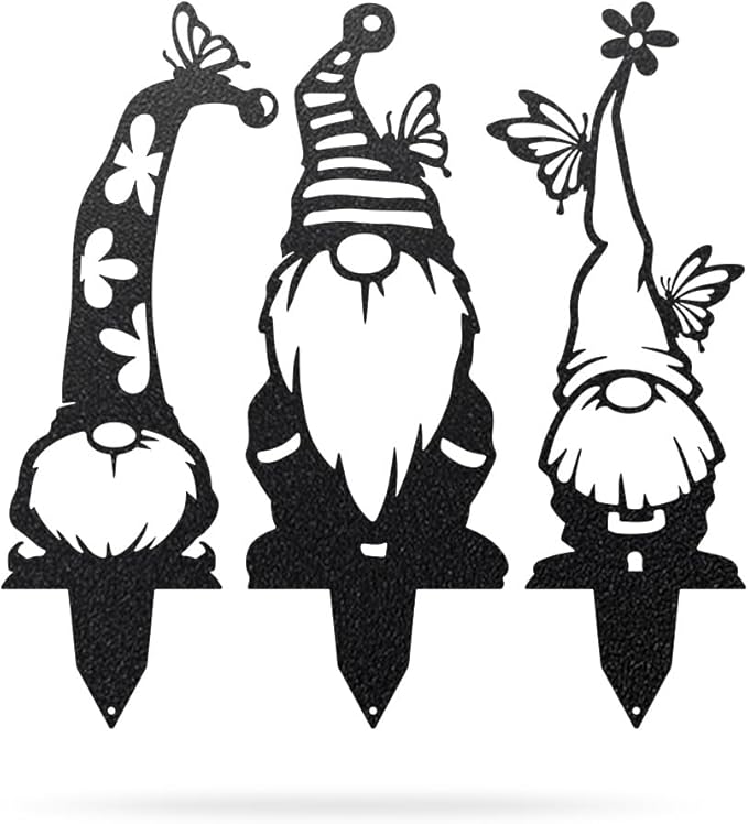 RealSteel Garden Gnomes - Whimsical Metal Yard Stakes - 3 Pack Outdoor Lawn Ornaments with Butterfly Hats - Garden Decorations