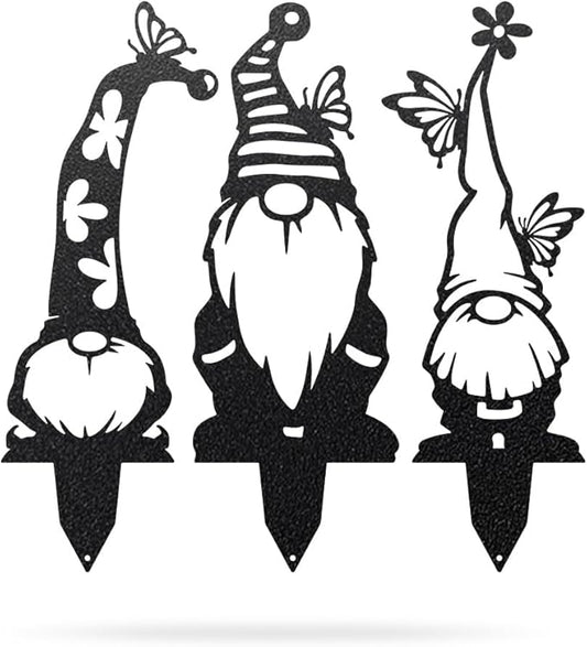 RealSteel Garden Gnomes - Whimsical Metal Yard Stakes - 3 Pack Outdoor Lawn Ornaments with Butterfly Hats - Garden Decorations