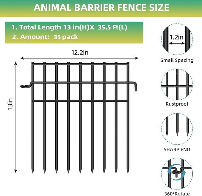 35 Panels Animal Barrier Fence, 13in(H) x 35.5ft(L) Dog Digging Fence Barrier, 1.2 in Gap Anti Dig Garden Edging Border, Rustproof Metal Ground Defense Border for Outdoor