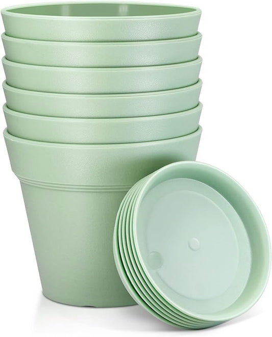 4 Inch Plastic Plant Pots 6 Pack, Small Flower Pots with Drainage Holes and Tray, Thickened Indoor Planters Seedlings Nursery Pots, African Violet, Succulent and All House Plants, Green