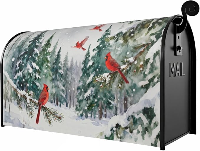 Winter Large Mailbox Covers Magnetic Oversized Green Red Cardinal Bird Christmas Tree Snow Scene Theme Outdoor Decorative Holiday Seasonal Letter Box Cases for Home Garden Outside Decor, 25.5x21 Inch