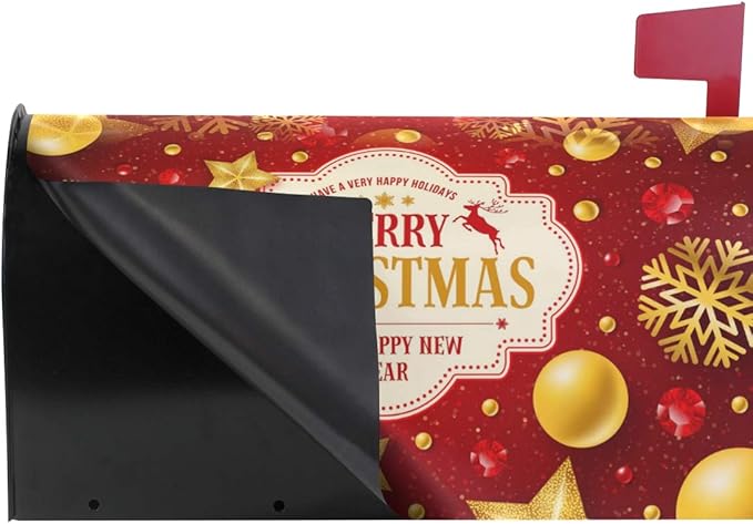 WOOR Red and Gold Christmas Magnetic Mailbox Cover with Snowflakes Oversized-20.8"x 25.5"