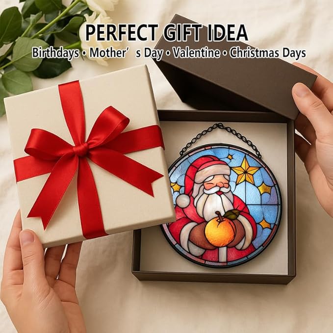 Stained Glass Window Hanging – 7.8 in Santa Claus Panel with Chain， Christmas Bathroom Front Door Living Room Garden Decor for Mom Wife Lovers