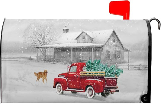 Winter Mailbox Cover Red Truck Snowflake Oversize Mailbox Wrap with Magnetic Strip Christmas Dog Snowy Letter Post Box Cover Decoration Welcome Home Outdoor Large Size 25.5" Lx 21" W