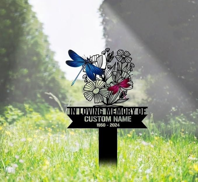 Custom Dragonfly Memorial Stake – Dragonfly Metal Grave Marker, Garden Yard Stake Outdoor Decor (Dragonfly Memorial)