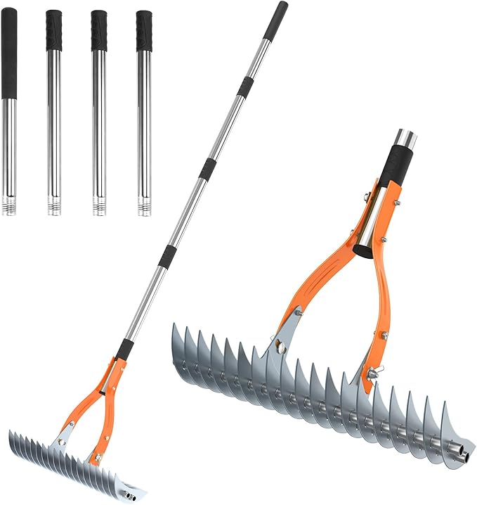 TOOVEM Thatch Rake, 15-inch Lawn Thatching Rake with Heavy Duty Steel Tines & Ergonomic Handle, 70'' Professional Dethatching Rakes for Cleaning Dead Grass, Yard Garden Durable Soil Rakes