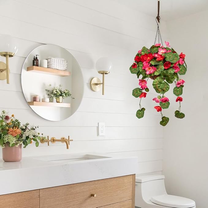 Briful Small Geraniums Fake Flowers Hanging Basket, Realistic Silk Vine Faux Flowers,Begonia Artificial Flowers, 5 ⅞’’ Coconut Basket, for Home Farmhouse Balcony Indoor Outdoor Patio Garden Decor