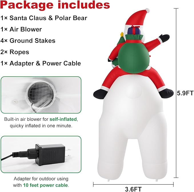 6.5 Ft Christmas Inflatable Polar Bear with Santa Claus and Christmas Tree, 5 Led Build-in LED Lights Blow up Xmas Inflatables Decoration for Yard Garden Lawn Holiday Party (Polar Bear)