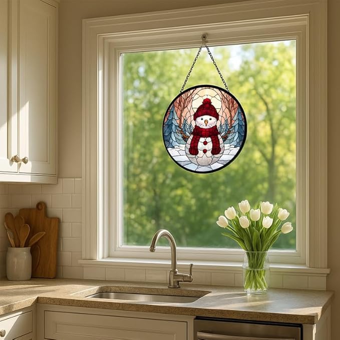Stained Glass Window Hanging – 7.8 in Snowman Panel with Chain， Bathroom Front Door Living Room Garden Winter Holiday Decor for Mom Wife Lovers