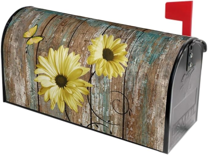 Rustic Daisy Board Mailbox Cover Magnetic, Yellow Sunflowers Vintage Wood Grain Plank Mailbox Wrap Letter Post Box Cover for Yard Garden Outside Home Decor, Standard Size 21x18 Inch