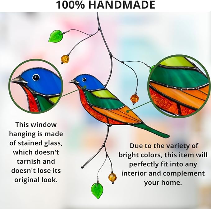 Painted Bunting Birds Handmade Stained Glass Suncatcher Stained Glass Window Hangings Unique Kitchen Decoration (Painted Bunting)