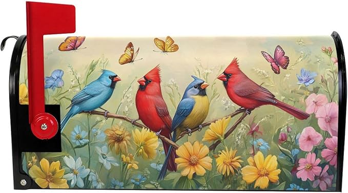 ALAZA Spring Summer Flowers Red Birds02 Magnetic Mailbox Cover MailWraps Garden Yard Home Decor for Outside Oversized-25.5" x20.8"
