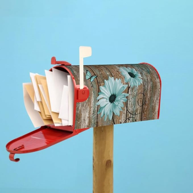 Rustic Daisy Board Mailbox Cover Magnetic, Teal Sunflowers Vintage Wood Grain Plank Mailbox Wrap Letter Post Box Cover for Yard Garden Outside Home Decor, Large Size 25.5x21 Inch