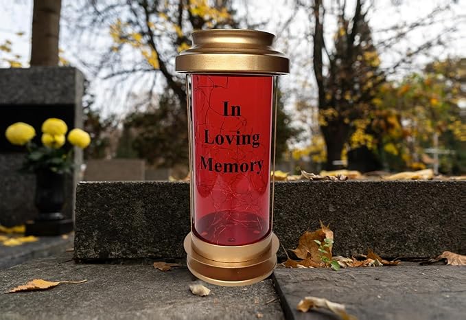 Gold Metal & Red Acrylic Outdoor Solar Candle Holders, Decorative Candle Lanterns with Long Ground Stake, Fall Solar Lights Outdoor Cemetery Lights for Grave, Grave Decorations for Cemetery