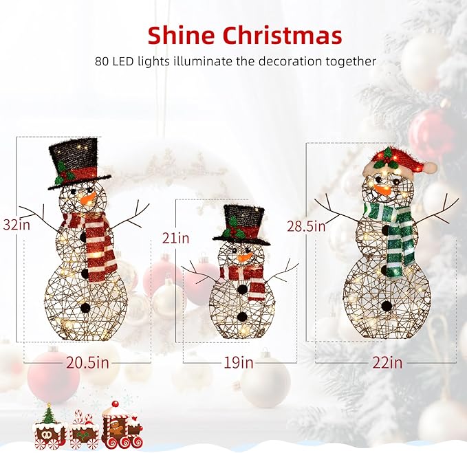3-Piece Lighted Snowman Family Set - Large 2D Outdoor Christmas Yard Decoration with 80 Warm White LED Lights, Holiday Display for Lawn & Garden - Rattan