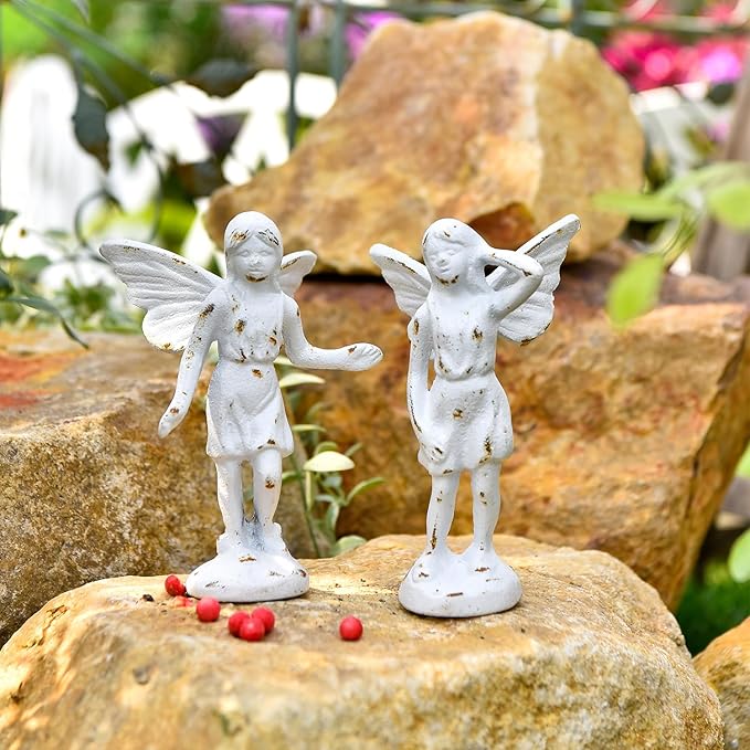Sungmor Cast Iron Angel Statue, Set of 2 Rustic White Garden Fairy Figurines, Creative Angel Pixie Collection Home Office Desk Decor, Indoor Outdoor Fairy Garden Accent Ornament