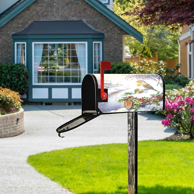 SUABO Mailbox Cover Snowy Scene Bird Oversize Magnetic Mailbox Covers Wraps for Christmas Home Yard Garden Decor