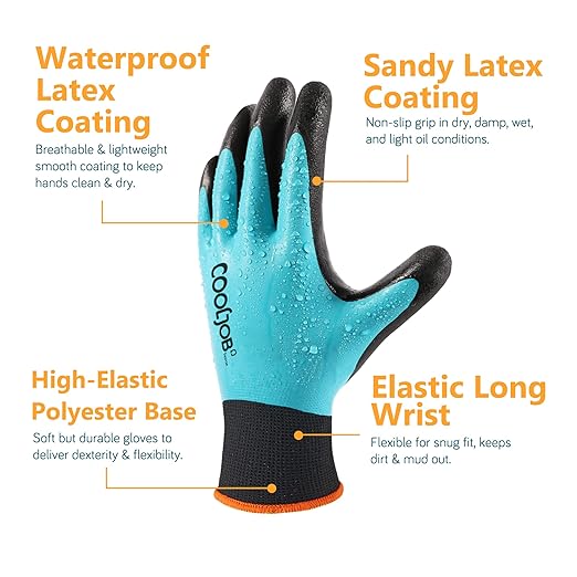 COOLJOB Waterproof Gardening Work Gloves with grip for Women & Men, Double Rubber Coated for Garden Yard Outdoor Construction Worker, Blue Small Size 2 Pairs