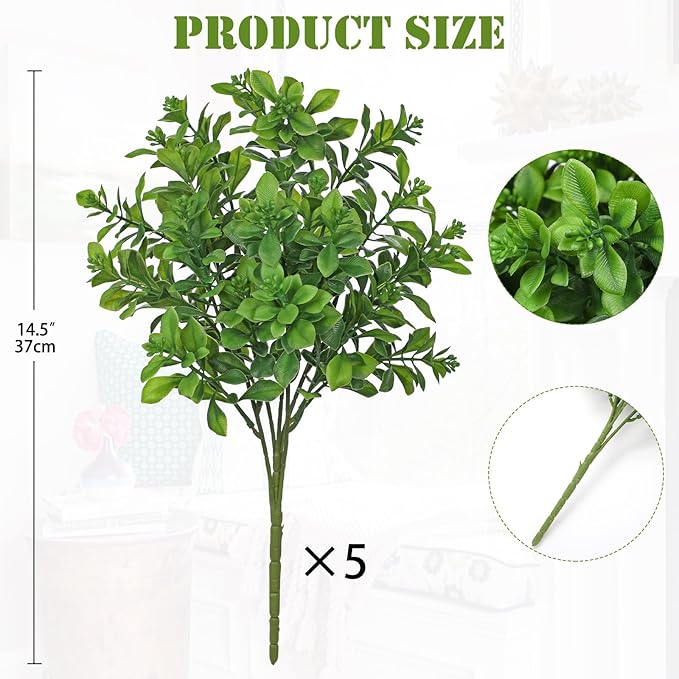 Artificial 5Pcs Faux Seeded Eucalyptus Leaves Stems Fake Plants Sharp UV Resistant Faux Plastic Boxwood for Kitchen Office Garden Porch Farmhouse Window Box Home Decor