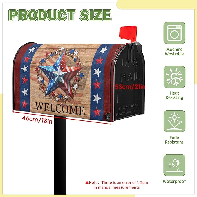 4th of July Mailbox Cover Patriotic Mailbox Covers Magnetic Welcome Post Letter Box Cover Star Mail Box Wrap Home Decor Outdoor Yard Decoration for Garden Standard Size 21x18 inch