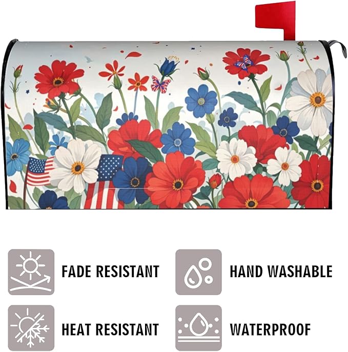 Patriotic Butterfly Floral July 4th Mailbox Cover, USA Independence Day Magnetic Mailbox Cover, Red Blue Standard Size Mail Wraps, 21" X 18" Post Letter Box for Outdoor Decoration