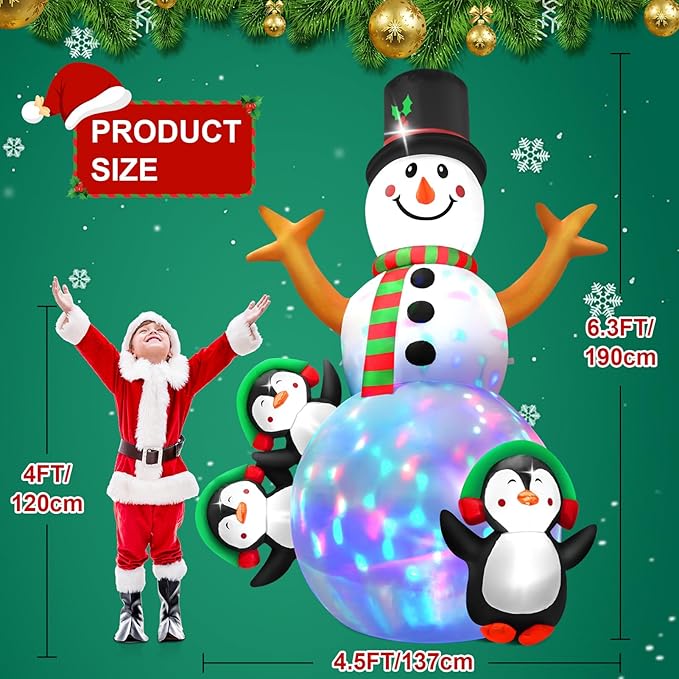 6.3 FT Christmas Inflatable Snowman Outdoor Decoration with Build-in Multicolor LEDs, Snowman with 3 Penguins Blow Up Inflatables Christmas for Yard Garden Lawn Xmas Holiday Decor