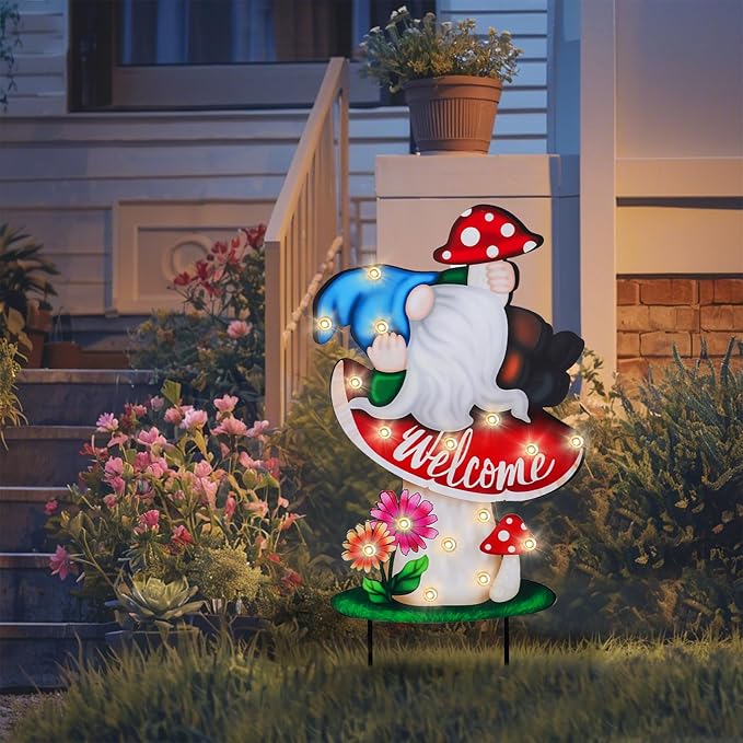 WONDER GARDEN Decorative Garden Stakes - Lighted Mushroom and Gnome Yard Sign Stakes with Flower, Spring Signs for Outdoor, Porch, Yard,Flower Bed Decor (Battery Operated)