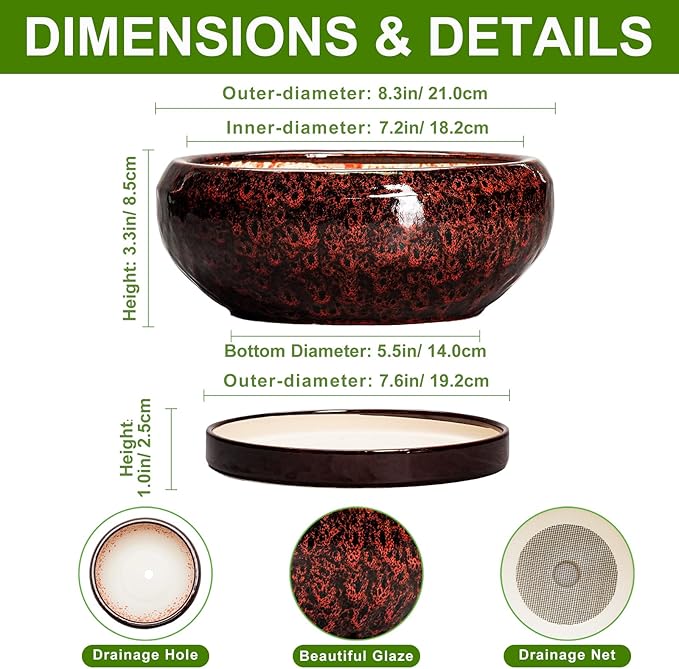 Bonsai Pots - 8 Inch Ceramic Succulent Planters for Indoor Outdoor, Round Shallow Planters with Drainage Hole and Saucer, Succulent Planter Bowl, Home Decor, Housewarming Gifts, Red