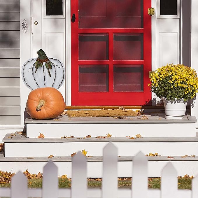 Veclotch 2set Pumpkin Garden Stake Metal Yard Sign Fall Decor, Decorative Decor Outdoor Stakes for Autumn Harvest Thanksgiving Halloween Rustic Decoration Home (White, 17''H)