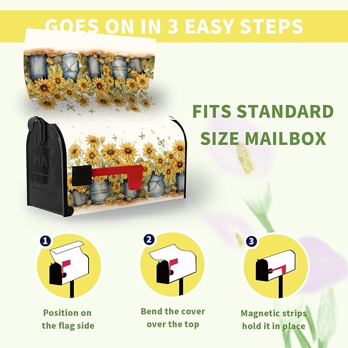 Summer Sunflower Mailbox Covers Magnetic Standard Size Yellow Flowers Mailbox Post Cover Summer Floral Mailbox Wraps Decor Waterproof for Garden Yard 21x18 Inch