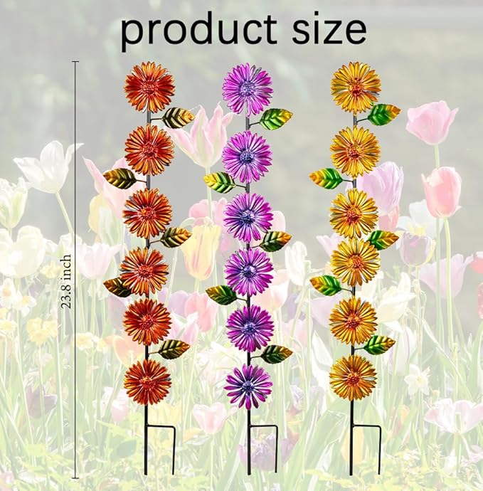 Stargarden Metal Flowers Garden Stakes, 3 Pack Decorative Garden Stakes, Colorful Garden Decor Waterproof Metal Flowers for Outside, Lawn, Patio